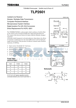 TLP2601 datasheet - TOSHIBA Photocoupler GaALAs Ired & Photo-IC