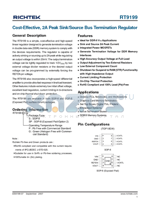 RT9199 datasheet - Cost-Effective, 2A Peak Sink/Source Bus Termination Regulator