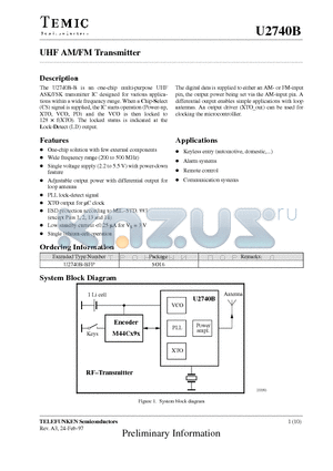 U2740B datasheet - UHF AM/FM Transmitter