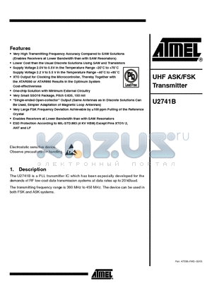 U2741B-NFBG3Y datasheet - UHF ASK/FSK TRANSMITTER
