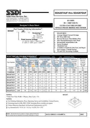 SDA267AUF datasheet - 10 AMPS 50  1000 VOLTS ULTRA FAST RECOVERY SINGLE PHASE BRIDGE RECTIFIER