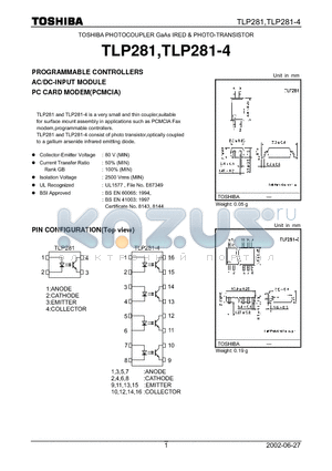 TLP281 datasheet - PROGRAMMABLE CONTROLLERS AC/DC-INPUT MODULE PC CARD MODEM(PCMCIA)