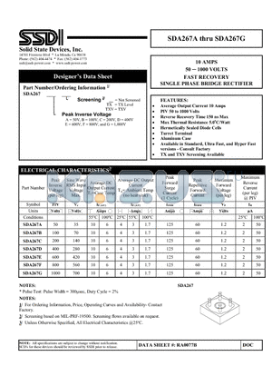 SDA267B datasheet - FAST RECOVERY SINGLE PHASE BRIDGE RECTIFIER