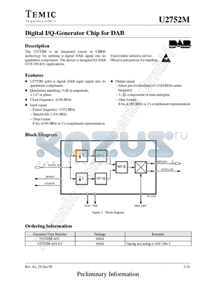 U2752M-AFL datasheet - Digital I/Q-Generator Chip for DAB