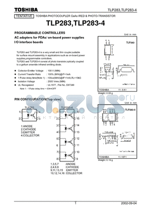 TLP283-4 datasheet - PROGRAMMABLE CONTROLLERS AC adapters for PDAs/ on-board power supplies I/O interface boards
