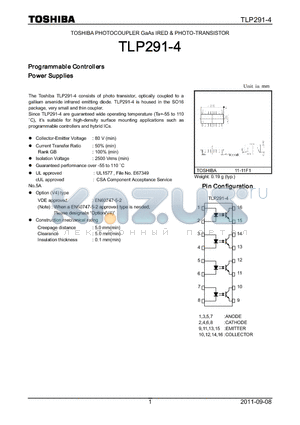 TLP291-4 datasheet - TOSHIBA PHOTOCOUPLER GaAs IRED & PHOTO-TRANSISTOR