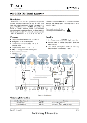 U2762B datasheet - 900-MHz ISM Band Receiver