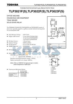 TLP3021FS datasheet - OFFICE MACHINE HOUSEHOLD USE EQUIPMENT TRIAC DRIVER SOLID STATE RELAY