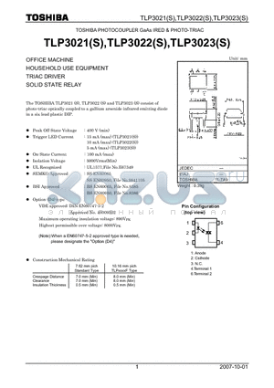TLP3022 datasheet - OFFICE MACHINE HOUSEHOLD USE EQUIPMENT TRIAC DRIVER SOLID STATE RELAY