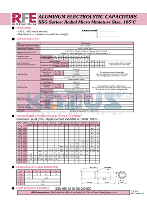 SSG0R1M1HSA040050 datasheet - ALUMINUM ELECTROLYTIC CAPACITORS SSG Series: Radial Micro Miniature Size, 105C