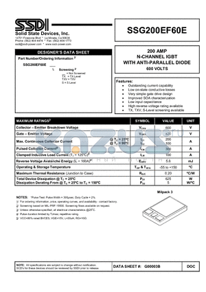 SSG200EF60E datasheet - 200 AMP N-CHANNEL IGBT WITH ANTI-PARALLEL DIODE 600 VOLTS