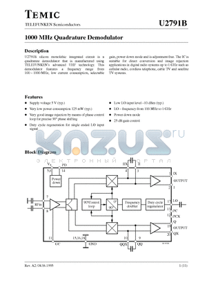 U2791B datasheet - 1000 MHz Quadrature Demodulator