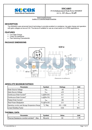 SSG4403 datasheet - P-Ch Enhancement Mode Power MOSFET