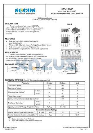 SSG4407P datasheet - -15A, -30V, RDS(ON) 9 m P-Ch Enhancement Mode Power MOSFET