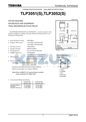 TLP3051S datasheet - OFFICE MACHINE HOUSEHOLD USE EQUIPMENT TRIAC DRIVERSOLID STATE RELAY