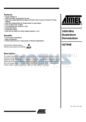 U2794B-MFSG3 datasheet - 1000 MHZ QUADRATURE DEMODULATOR