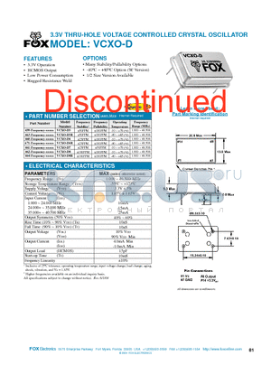 VCXO-D3 datasheet - 3.3V THRU-HOLE VOLTAGE CONTROLLED CRYSTAL OSCILLATOR