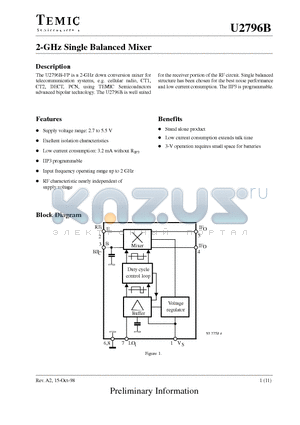 U2796B datasheet - 2-GHz Single Balanced Mixer