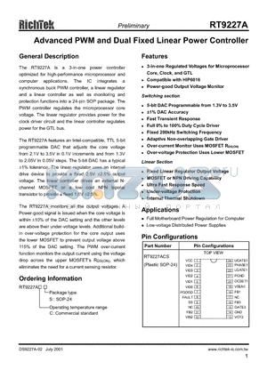 RT9227A datasheet - Advanced PWM and Dual Fixed Linear Power Controller