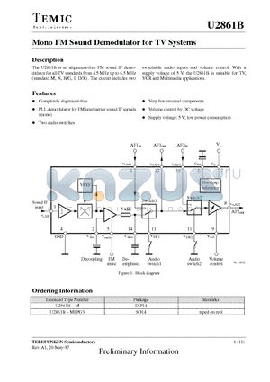 U2861B datasheet - Mono FM Sound Demodulator for TV Systems