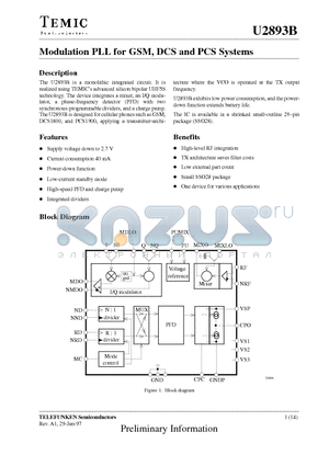 U2893B datasheet - Modulation PLL for GSM, DCS and PCS Systems