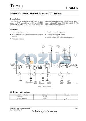 U2861B-M datasheet - Mono FM Sound Demodulator for TV Systems