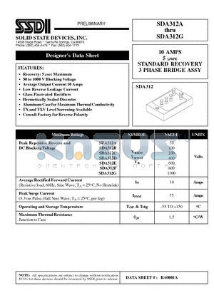 SDA312B datasheet - 10 AMPS 5 usec STANDARD RECOVERY 3 PHASE BRIDGE ASSY