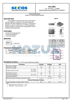 SSG4801 datasheet - Dual-P Enhancement Mode Power MOSFET