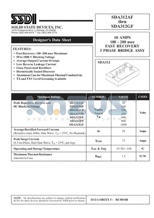 SDA312BF datasheet - 10 AMPS 180 - 200 nsec FAST RECOVERY 3 PHASE BRIDGE ASSY