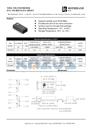 VD-4025 datasheet - VDSL TRANSFORMER