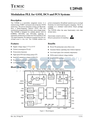 U2894B datasheet - Modulation PLL for GSM, DCS and PCS Systems