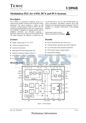 U2896B-MFCG3 datasheet - Modulation PLL for GSM, DCS and PCS Systems