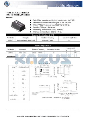 VD-7012 datasheet - VDSL BANDPASS FILTER