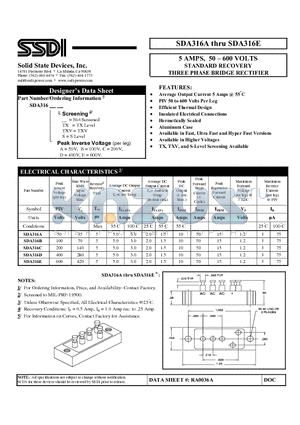 SDA316B datasheet - STANDARD RECOVERY THREE PHASE BRIDGE RECTIFIER