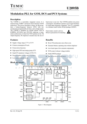 U2895B datasheet - Modulation PLL for GSM, DCS and PCS Systems