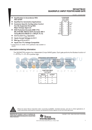 SN74ACT00-Q1 datasheet - QUADRUPLE 2-INPUT POSITIVE-NAND GATE