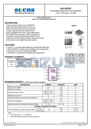 SSG4935P datasheet - P-Ch Enhancement Mode Power MOSFET