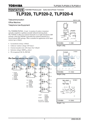 TLP320 datasheet - TOSHIBA Photocoupler GaAs Ired & Photo-Transistor