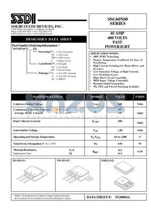 SSG60N60NUB datasheet - 85 AMP 600 VOLTS FAST POWER IGBT