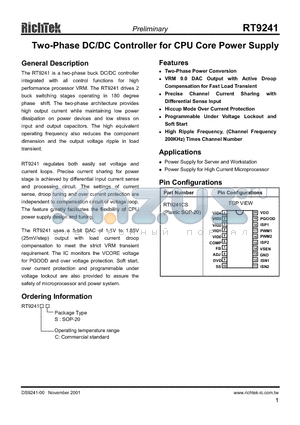 RT9241CS datasheet - Two-Phase DC/DC Controller for CPU Core Power Supply