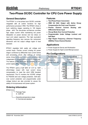 RT9241 datasheet - Two-Phase DC/DC Controller for CPU Core Power Supply