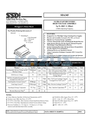 SDA345 datasheet - ULTRA FAST RECOVERY HIGH VOLTAGE ASSEMBLY