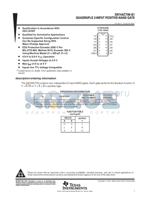 SN74ACT00TDRQ1 datasheet - QUADRUPLE 2-INPUT POSITIVE-NAND GATE