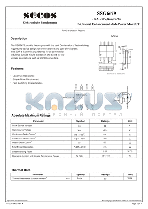 SSG6679 datasheet - P-Channel Enhancement Mode Power Mos.FET