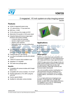 VD6725SW datasheet - 2 megapixel, 1/5 inch system-on-chip imaging sensor