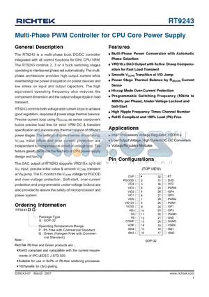 RT9243 datasheet - Multi-Phase PWM Controller for CPU Core Power Supply