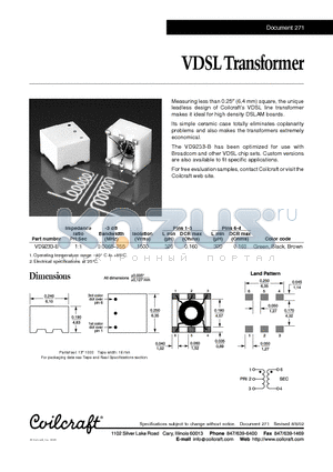 VD9233-B datasheet - VDSL Transformer