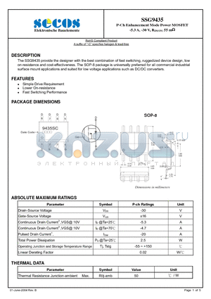 SSG9435 datasheet - P-Ch Enhancement Mode Power MOSFET