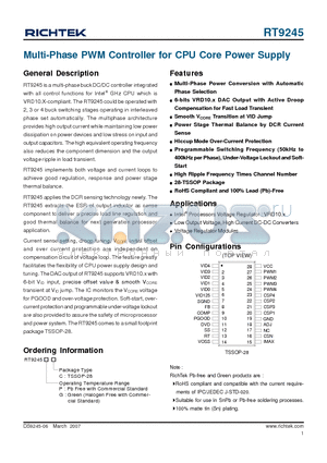 RT9245 datasheet - Multi-Phase PWM Controller for CPU Core Power Supply