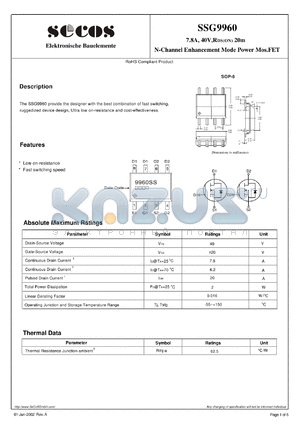 SSG9960 datasheet - N-Channel Enhancement Mode Power Mos.FET